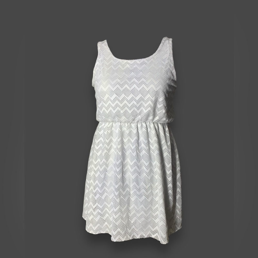 White Semi Sheer Herringbone Sleeveless Blouson Dress